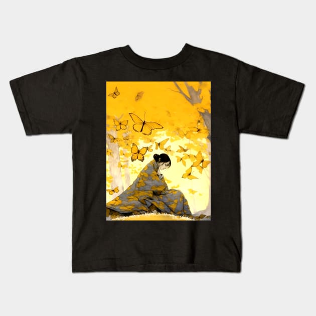 Autumn: Japanese Woman in a Contemplative Moment on a Dark Background Kids T-Shirt by Puff Sumo